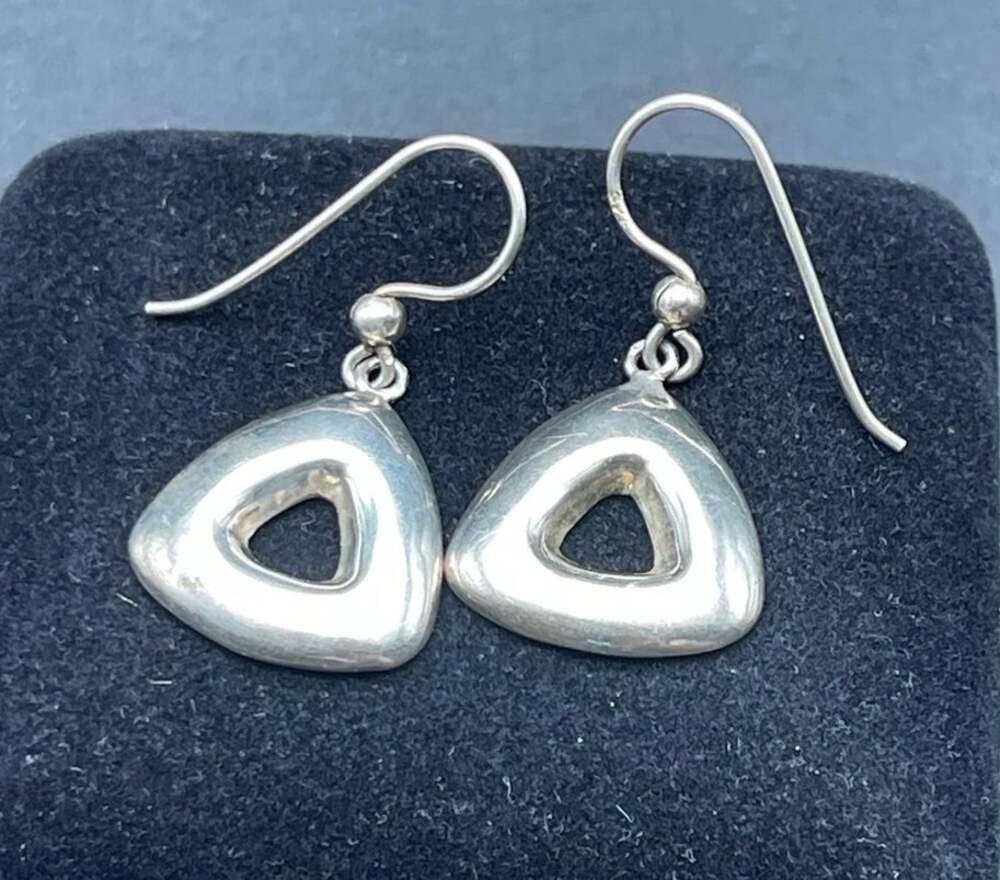 925 Puffy Triangle Dangle Drop Earrings Sterling Silver French Wire Hook Pierced